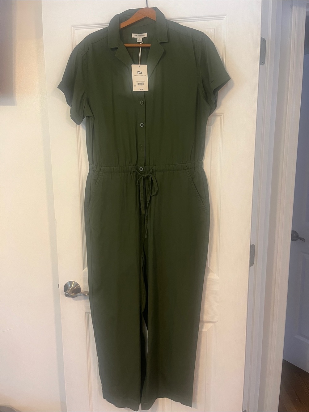 Eileen Fisher Olive Drawstring Short-Sleeve Jumpsuit